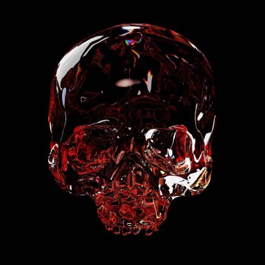 Kırmızı kristal kafatası. Ön manzara. 3d illüstrasyon.