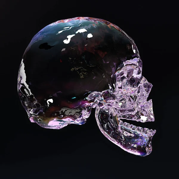 暗い背景に7色のクリスタルの頭蓋骨が照らされています サイドビュー 3Dイラスト — ストック写真