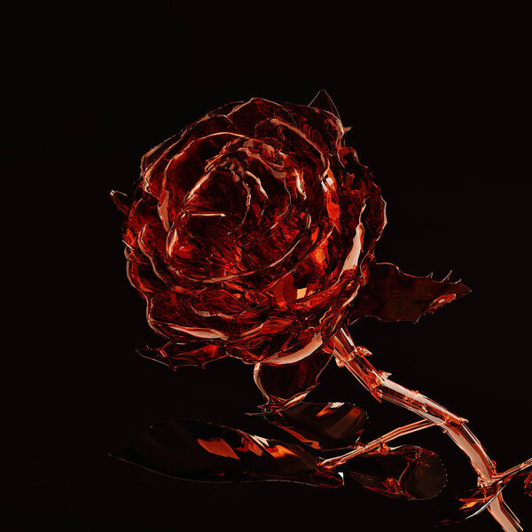 Red roses made of glass on dark background. 3d illustration.