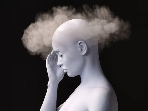 Beyin sisi. Kafasında sis olan stresli bir kadın figürü profili. 3B illüstrasyon.