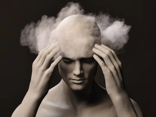 Brain fog. A male figure with her hands clasped at his temples and a pained expression on his face. 3d illustration.