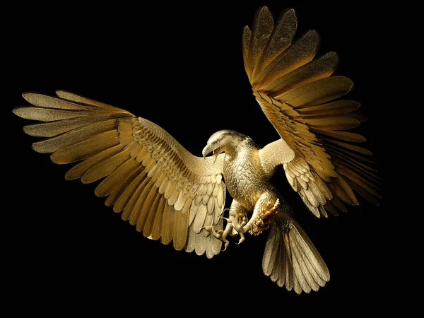 Altın kartal kanatlarını koyu bir arka planda açıyor. - Evet. Yan görüş. 3B illüstrasyon.