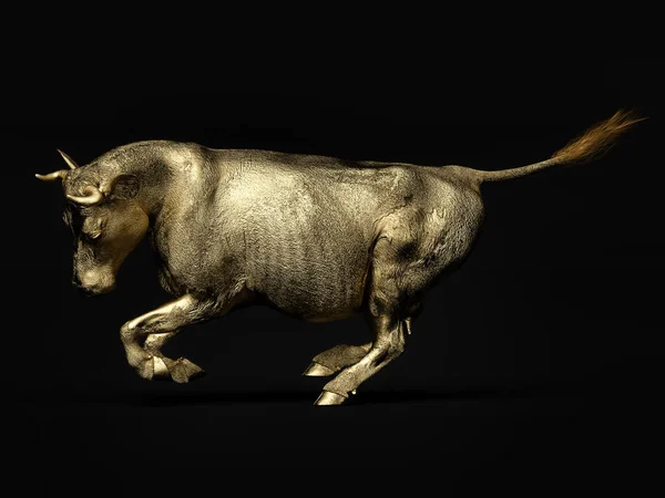 Golden cow rushing on a dark background. Side view. 3D illustration.