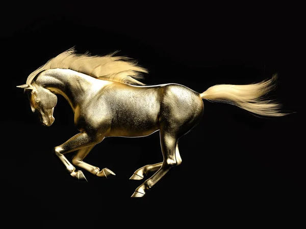 Estátua Cavalo Dourado Correndo Sobre Fundo Escuro Ilustração — Fotografia de Stock