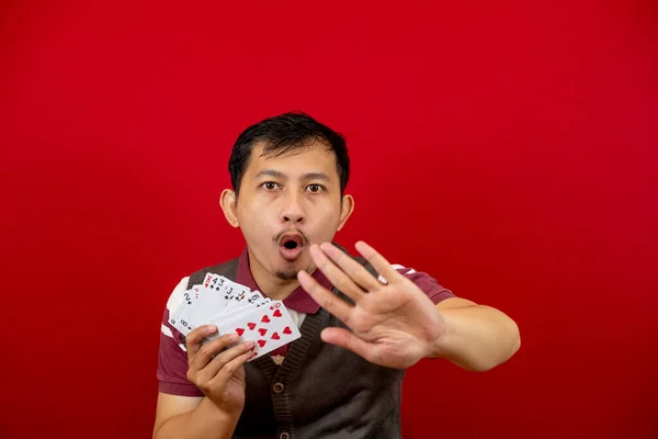 Defocused Abstract Background Asian Man Holding Poker Playing Cards Red — Stock Photo, Image