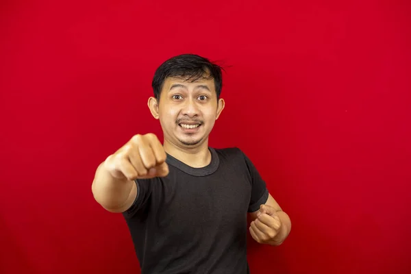 Close Portrait Asian Man Wearing Black Shirt Annoyed Expression Wanting — Stock Photo, Image