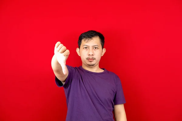 Dissatisfied Asian Man Displeased Showing Thumbs Disapproval Gesture Disagree Symbol — Stock Photo, Image