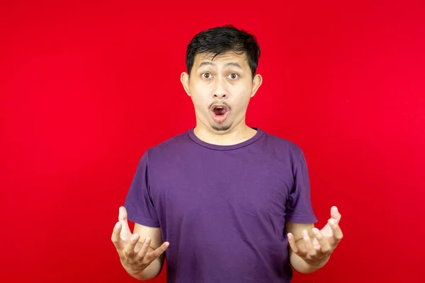 Portrait Very Angry Aggressive Asian Man Wearing Purple Shirt Red — Stock Photo, Image