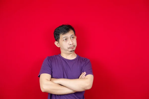 Cute Asian Man Wearing Purple Shirt Looking Empty Space Content — Stock Photo, Image