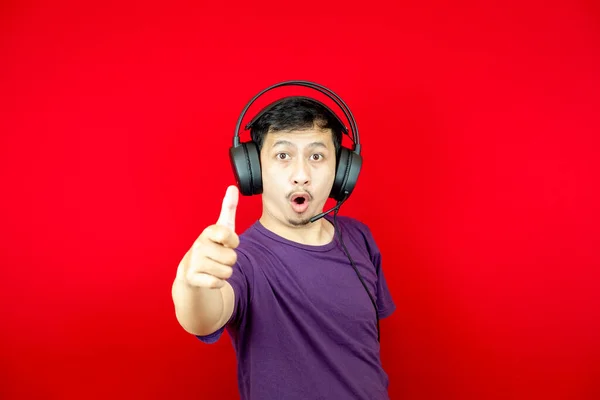 Asian Man Wearing Headset Satisfied Happy Showing Thumbs Sign Agree — Stock Photo, Image