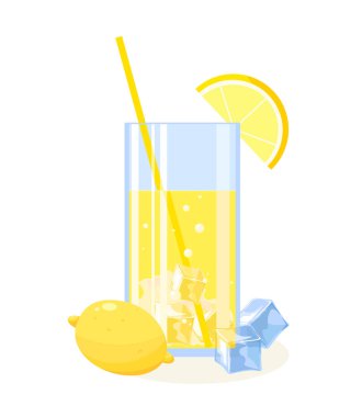 Buz küplü limonata ve beyaz arka planda limon. Vektör