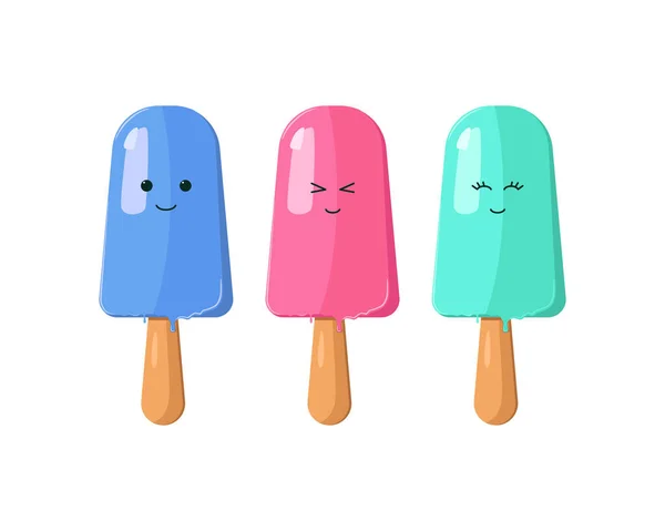 Gran Conjunto Divertidos Personajes Helados Alegres Amigables Dulce Kawaii Sonriente — Archivo Imágenes Vectoriales