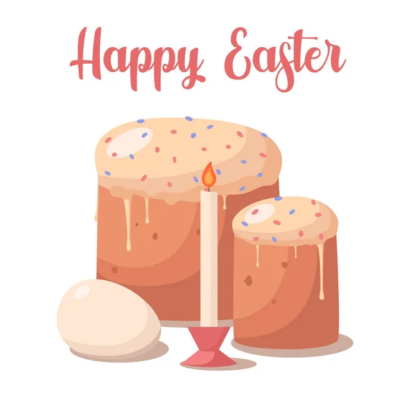 Torte di panetteria ortodosse pasquali con candele e uova di Pasqua colorate. Buona Pasqua poster o biglietto di auguri. Illustrazione a vettore piatto. Colore alla moda 2022 — Vettoriale Stock