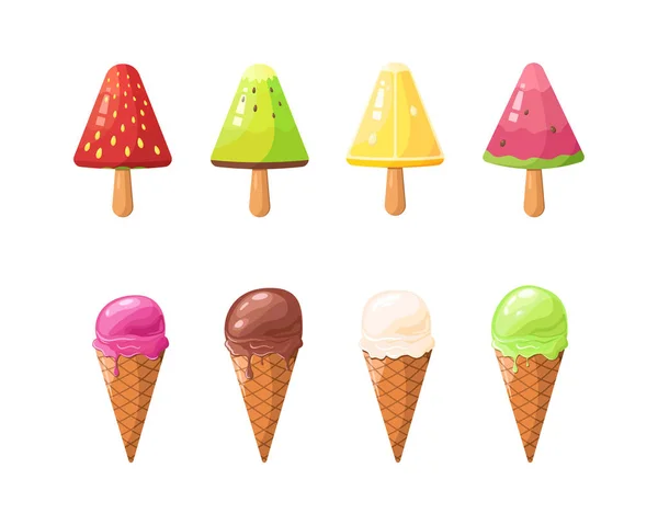 Set de sabrosos helados. Dulce delicadeza de verano con diferentes sabores. Vector — Archivo Imágenes Vectoriales