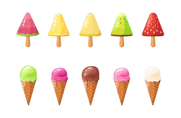 Set de sabrosos helados. Dulce delicadeza de verano con diferentes sabores. Vector — Archivo Imágenes Vectoriales