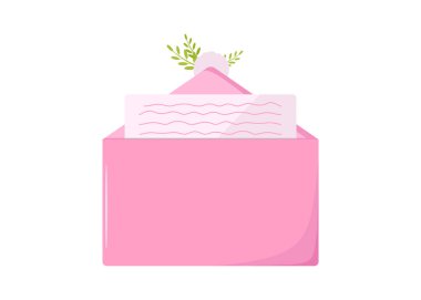 Üzerinde pul ve yapraklar olan pembe bir zarf. Balmumu mührünün resmi. Tasarım elemanı. Düğün ikonları. Sevgililer Günü