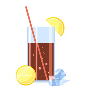 Bir bardak buzlu kola. Ayrıntılı Vektör Simgesi. Yiyecek, içecek ve yemek malzemeleri..