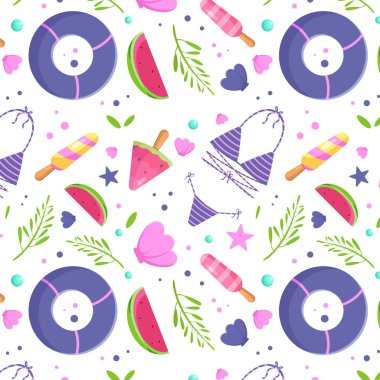 Kusursuz yaz şablonu. Meyveli dondurma, mayo, karpuz, yapraklar, deniz kabuğu, süzül. Paketleme için vektör deseni