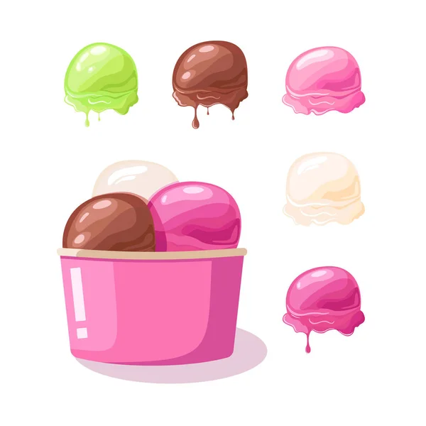 根据你的设计来做冰淇淋 冰淇淋在一个碗里 味道也不一样夏天 覆盆子 猕猴桃 巧克力 — 图库矢量图片