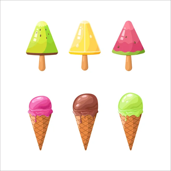 色彩艳丽的冰淇淋套装 收集雪糕圆锥和冰棒 不同的顶部隔离在白色的背景 网页设计的矢量图解 — 图库矢量图片