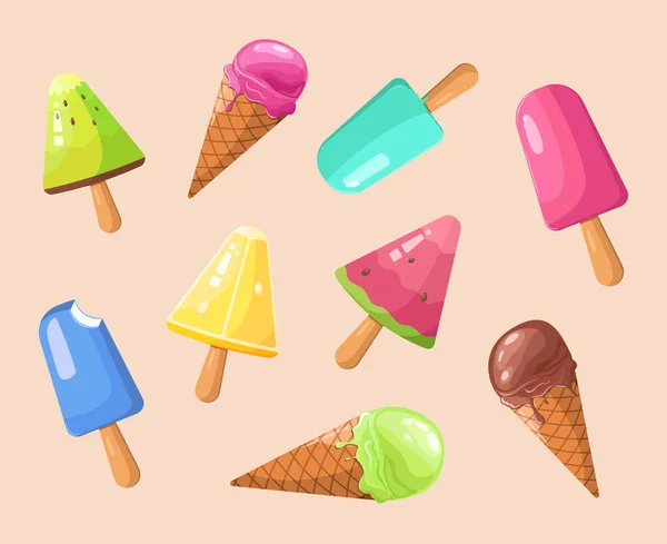 色彩艳丽的冰淇淋套装 收集白色背景的冰淇淋锥和冰棒 矢量说明 — 图库矢量图片