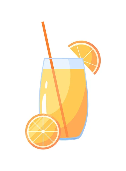 Natürlicher frischer Orangensaft im Glas. Orangenscheibe, Tube zum Trinken. gesunde biologische Lebensmittel. Zitrusfrüchte. Vektor Illustration flaches Design. isoliert auf weißem Hintergrund. Vitamine einnehmen. — Stockvektor