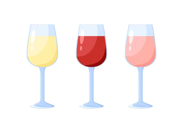 Transparente Vektor-Weingläser leer, mit Weiß-, Rosen- und Rotwein — Stockvektor