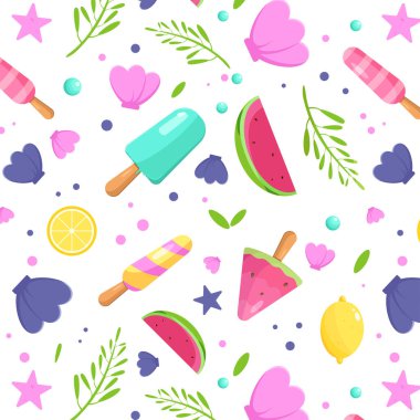 Karpuz dilimi, şemsiye, dondurma, yaprak, kabuk, denizyıldızı gibi el çizimi plaj elementleriyle renksiz yaz deseni. Moda baskısı tasarımı, vektör