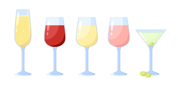 Lunettes Ensemble Vecteurs Boissons Alcoolisées Vin Champagne Martini Vermouth — Image vectorielle