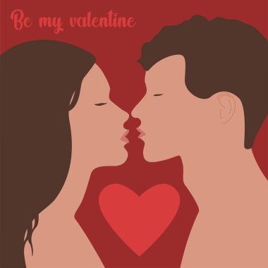 Romantik Çift Öpüşmesi. Sevgililer Günü. Birbirine aşık bir çift. Erkekler ve kadınlar öpüşmeye çalışır. Vektör. Sevgililer günü mesajım ol. Tebrik kartı