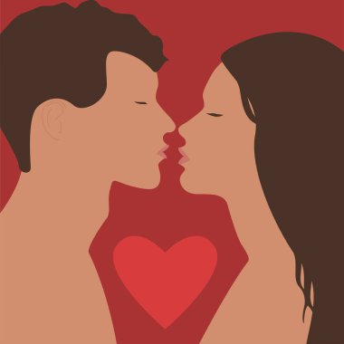 Romantik Çift Öpüşmesi. Sevgililer Günü. Birbirine aşık bir çift. Erkekler ve kadınlar öpüşmeye çalışır. Vektör