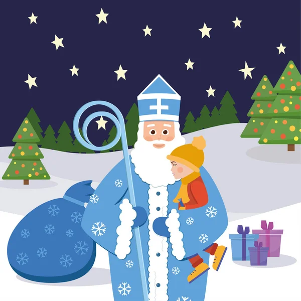 Russische Kerstman Blauwe Kleren Nieuwjaarsoude Man Met Baard Snor Een — Stockvector