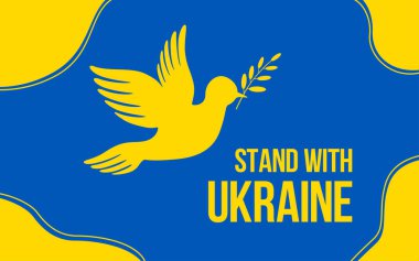 Ukrayna bayrağının arkasında barış güvercini var. Ukrayna ve Rusya savaşı. Askeri çatışma. Dünya savaşını durdurun. Ukrayna bayrağının arka planında barışın ve özgürlüğün sembolü. Vektör. Slogan