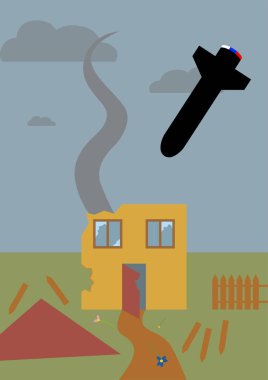 Füze yüzünden yıkılan ev. Ukrayna ve Rusya savaşı. Ukrayna 'ya yardım. Bir çocuk tarafından çizilmiş bir resim. Vektör İllüstrasyonu