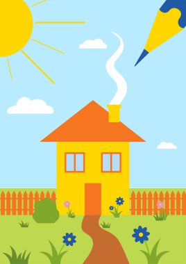 Pastel boya kalemini çocuk eli çizilmiş ev, çimen, renkli çiçekler ve güneş gibi. Pastel tebeşir çocuk eli gibi şirin bahar ve yaz çayırları boyuyor. Vektör pastel tebeşir arkaplan pankartı.