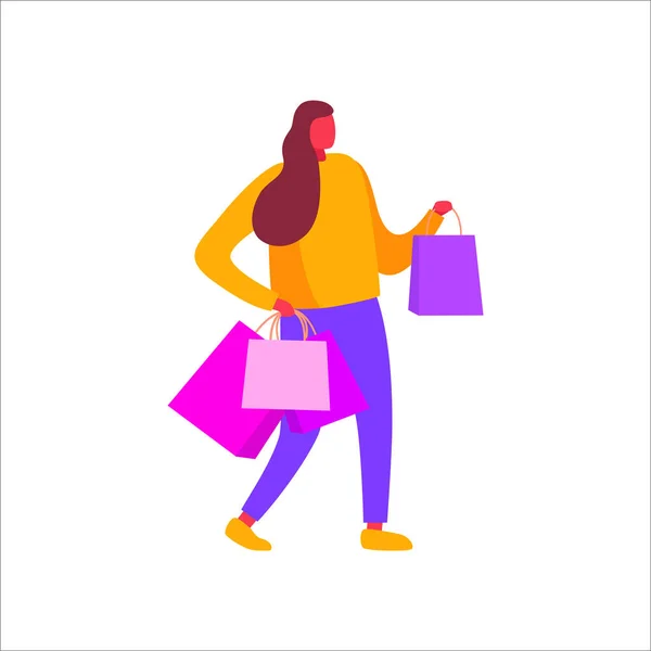 Woman Shopping Carrying Bags Eco Food Vegetables Shopping Vector — Stock Vector