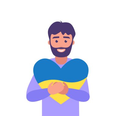 Ukraynalı adam Ukrayna 'nın kalbini tutuyor. Sarı ve mavi bayrak. Vektör