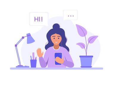 Telefonla arayan kadın. Görüntülü arama. Çevrimiçi toplantı. Vektör