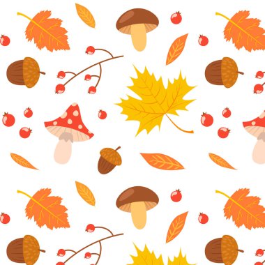 Seamless pattern with leaves, mushrooms and oaks. Vector
