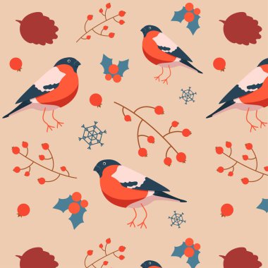Seamless pattern with bullfinch, rowans and snowflakes. Vector 