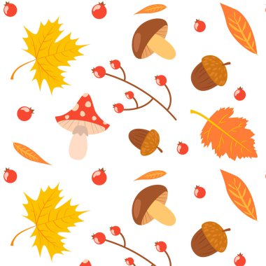 Seamless pattern with leaves, acorns, mushrooms, and berries. Autumn pattern. Yellow and red foliage. Vector 