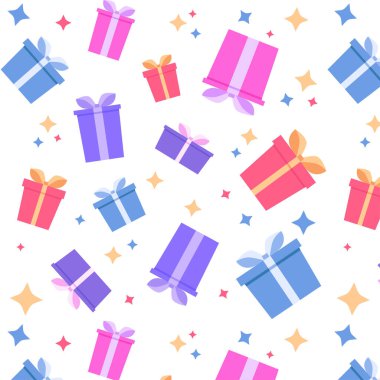 Seamless pattern with gift boxes for merry Christmas. Bows, ribbons, and stars. Trendy color. Wrapping paper, packaging. Vector