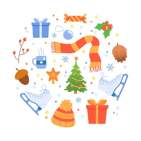 Weihnachtliche Sammlung Traditioneller Elemente Weihnachtsbaum Eiskunstläufer Geschenkschachteln Strickwaren Eichel — Stockvektor