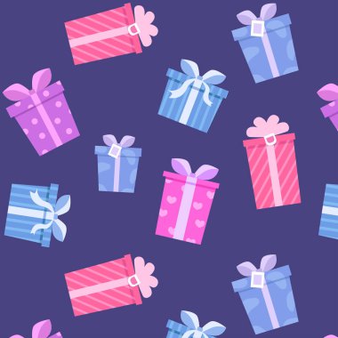 Hediye kutularıyla kusursuz desen. Noel ya da doğum günü için paket kağıdı. Vektör