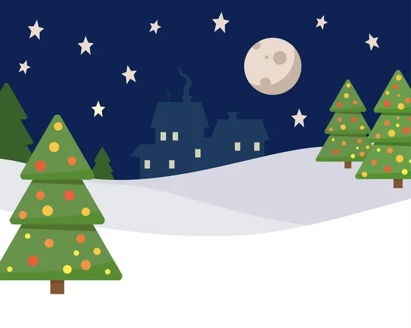 Ночь Красивом Зимнем Лесу Елками Домами Карикатура Зимний Ночной Пейзаж — стоковый вектор