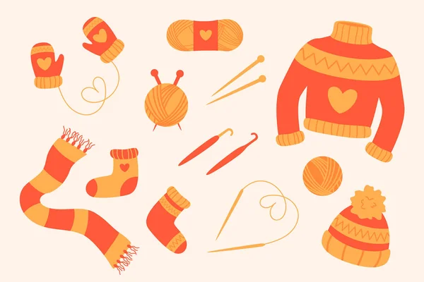 冬季手工针织服装 针织工具 保暖羊毛衫 手套和帽子 针和纱线 — 图库矢量图片