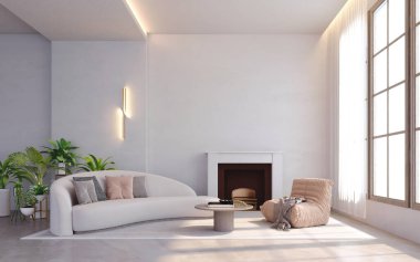 3D görüntüleme, 3D illüstrasyon, İç Sahne ve Mockup, Beyaz tonlarda oturma odası, odanın ortasında şömine, tropikal tarzda pembe kahverengi tabure.