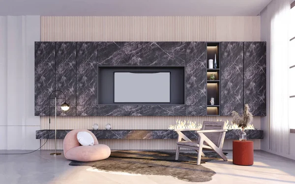 3D görüntüleme, 3D illüstrasyon, İç Sahne ve Mockup, Oturma alanı, büfe alanı, TV, Siyah bilye ile süslenmiş ahşap, hayvan arka halısı.