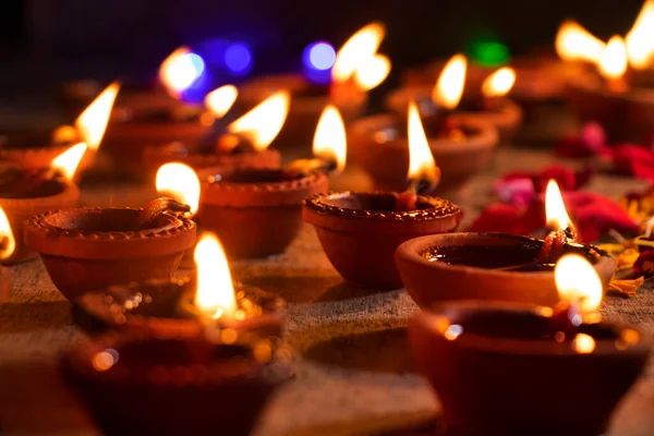 Hand Made Oil Lamps Decorated Festive Night Hindu Festival Diwali — Stock Photo, Image