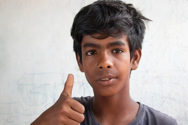 Portrait Rural Boy Gesturing Thumbs Sign — Stock Photo, Image